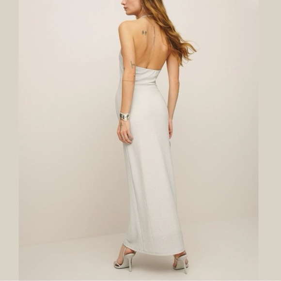 Reformation Selene Knit Dress in Silver Sparklr L Halter Neck Open Back NWT - Picture 3 of 12